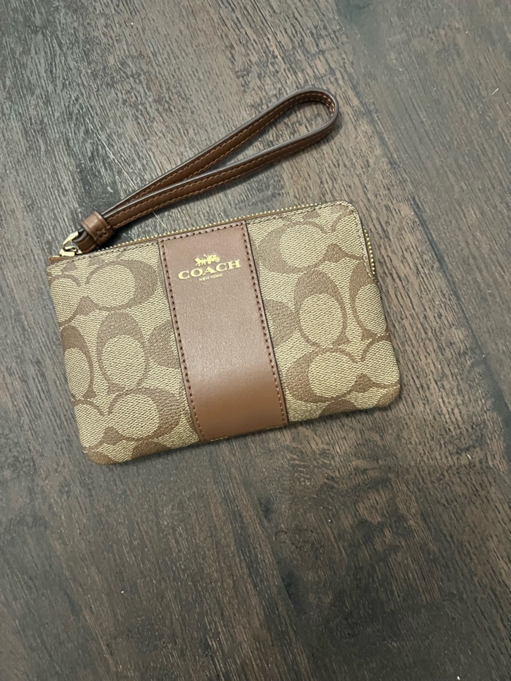 Coach Brown Signature Canvas Wristlet with Leather Stripe